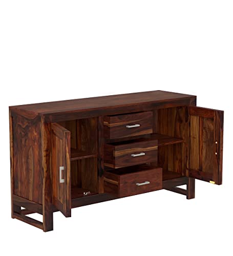 Image of Solid Sheesham Wood Free Standing Multipurpose Storage Sideboard Cabinets with 2 Door & 4 Storage Drawers Cabinet for Living Room Home and Office Teak Finish