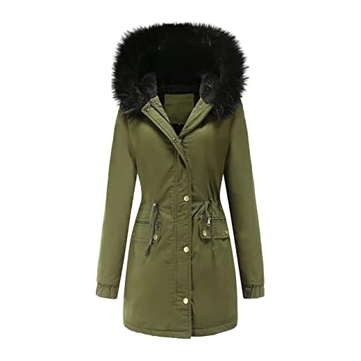 Dam Vinter bomull vadderad kappa Varm Fritids Fleece kappa Utomhus Vindtät jacka Fuskpäls Lång huva kappor Klassiska damer Slim Fit jacka, army green-S