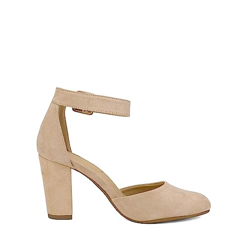 DREAM PAIRS Women's High Heel Ankle Strap Closed Toe Chunky Wedding Party Pumps Shoes,Size 7,Nude/Suede,Angela
