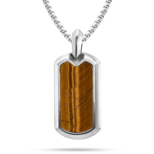 RTZN® Tiger Eye Necklace for Men – Premium Artisan Dog Tag Mens Tiger Eye Necklace Pendant with Stainless Steel Box Chain 22
