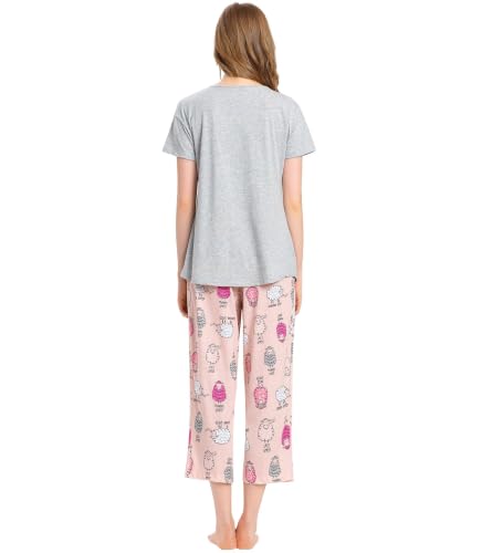 Image of ENJOYNIGHT Womens Pajama Sets Cotton Pj Set Short Sleeve Top With Capri Pants Sleepwear 2 Piece Lounge Set