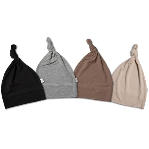 Organic Cotton Set-of-4 Baby Hats, Knotted Buttery-Soft Baby Hats Jet, Heather, Cocoa, Sand in Size 3-6 Months