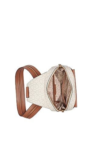 Image of Calvin Klein Women's Millie Backpack for Women - Vegan Leather Monogram Backpack, 2 Pockets, Vanilla /Khaki /Caramel, One Size