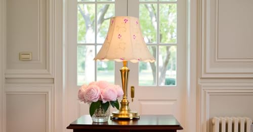 Image of Aspen Creative 34009A Transitional Bell Shape Spider Construction Lamp Shade in Apricot with Floral Embroidered Pattern and Scalloped Edge, 12 inch wide (6 inch x 12 inch x 9 1 /2 inch)