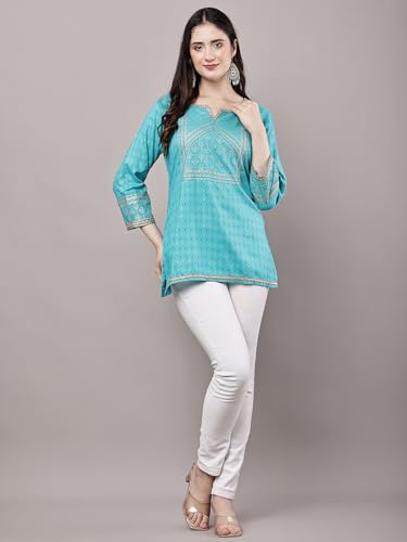 Image of Women's Pink Printed Short Kurti with Lace Trim, 3 /4 Sleeves, Ethnic Indian Style Top
