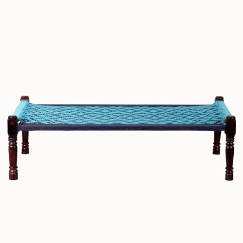 Image of Solid Sheesham Wood Charpai Khat Bed | Wooden Khatiya Charpai Desi | Handcrafted Khatiya Bed with Cotton Rope | Strong Khat for Indoor & Outdoor Use | 6X3 Feet | Light and Dark Blue