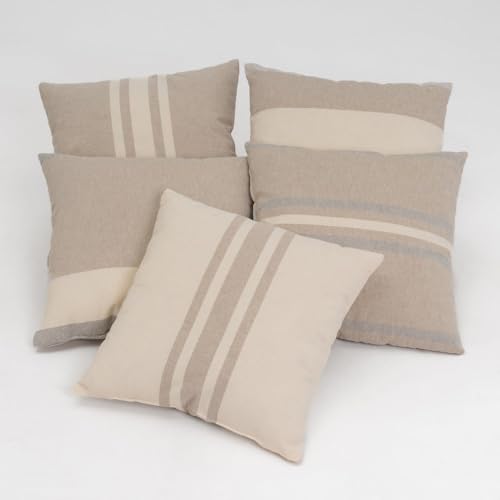 LOLAhome Set de 5 Cojines de Rayas Beige y marrón de Tela de polialgodón de 45x45 cm con Relleno Incluido