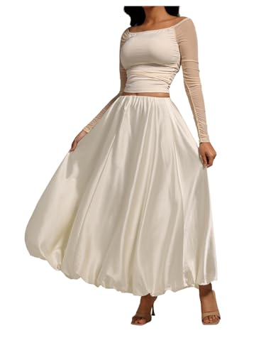 MakeMeChic Women's Satin Bubble Skirt Elastic Waist Loose Fit A Line Long Skirts