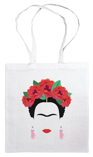 Umhängetasche Frida: Stofftasche Jutebeutel mit Buntem Farbaufdruck. Aus 100% Baumwolle mit Langen Trägern. Porträtmotiv Kahlo Blumen. Accessoire für Fans farbenfroher Kunst. Reusable Bag