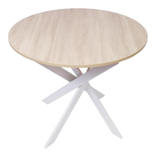 Skraut Home - Mesa Comedor Fija Redonda | 90 x 90 x 77 cm | Capacidad hasta 4 Personas | Materiales Resistentes | Modelo Zen (90cm, Roble + Patas Blancas)