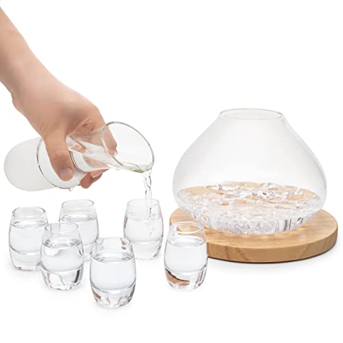 Sake Set Glasses Japanese, 15 Ounce, With 6-1Oz Crystal Saki Cups Set, For Warmer Or Cold Japanese Wine Drinking With A Wooden Stone Coaster By The Wine Savant, Cups & Carafe Japanese Gifts Set #TOP2