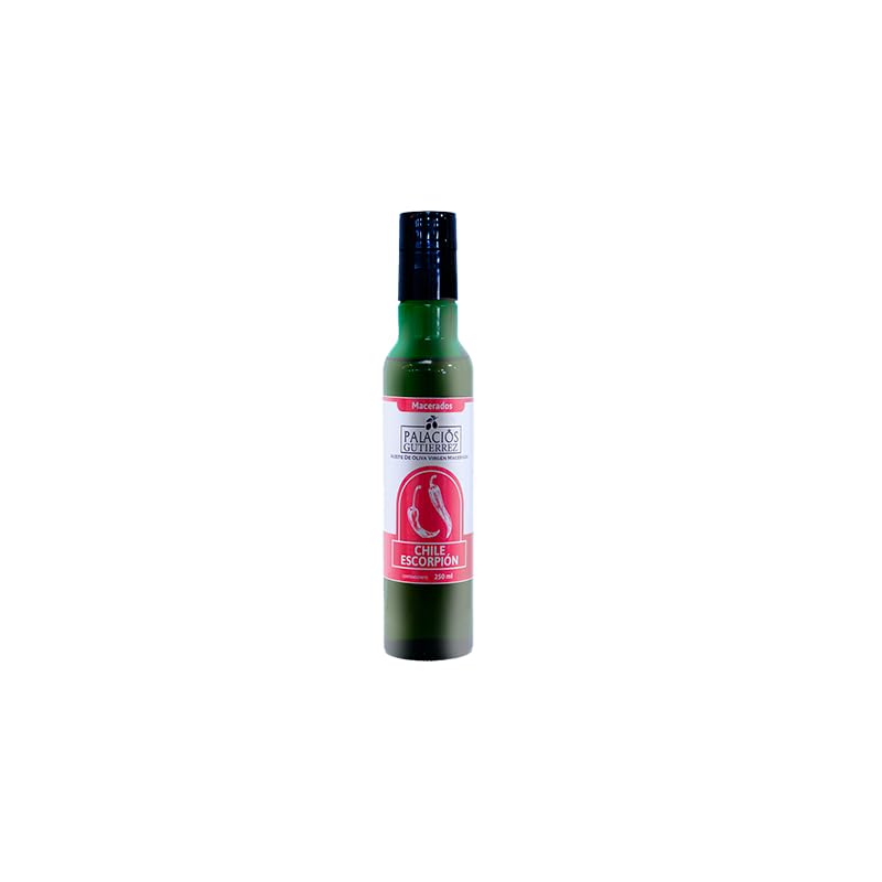 AOVE Macerado al Chile Escorpión, 250ml, Botella de Cristal Aceites Palacios Gutiérrez