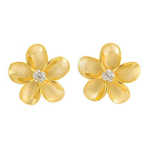 925 Sterling Silver 14K Gold Plated Hawaiian Plumeria Flower Stud Post Earrings with Cubic Zirconia 8mm 10mm 12mm 15mm Nickel Free Hypoallergenic for Sensitive Skin Gift Box Included