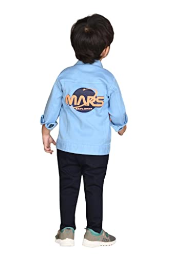 Image of DOTSON Cotton Blend Printed Clothing Set For Baby Boys- Jacket, Pant & T Shirt (6-12 Months, Blue)