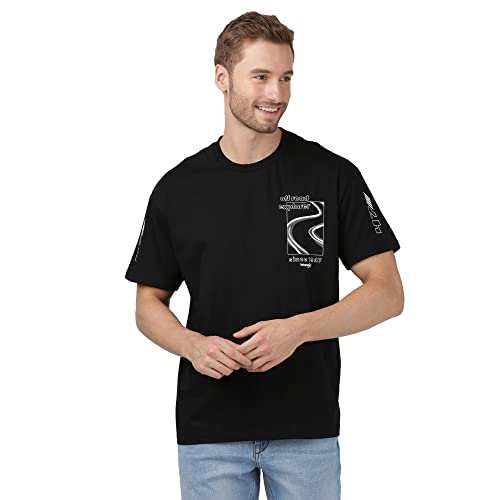 Image of Wrangler Men Black Placement Print Loose T Shirt