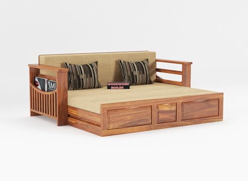 Image of Solid Sheesham Wooden Sofa Cums Bed with Mattresses for Living Room|Rosewood 3-Person Sofa Cums Bed for Bedroom Without Pillow (F-Walnut Finish)