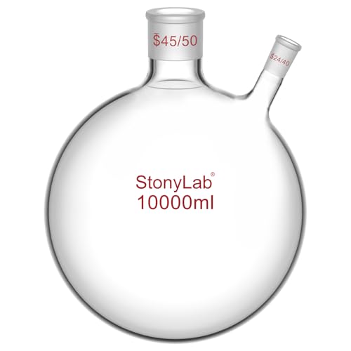 stonylab 10 L Round Bottom Flask RBF, 2-Neck Large Capacity Heavy Wall Borosilicate Glass Boiling Flask with 45/50 Center and 24/40 Side Standard Taper Joints, 10000 ml