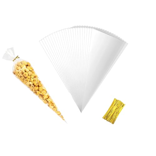 500 bolsas de cono de dulces, bolsas de cono con 250 lazos coloridos, bolsas de cono transparente para dulces