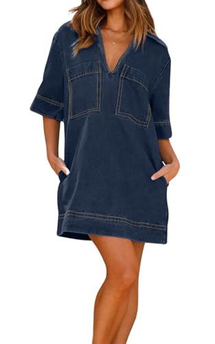 Image of loveimgs Womens Summer Casual Denim Dress Short Sleeve V Neck Distressed Jean Dresses Mini Shirt Dress
