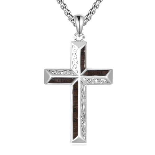 Croix en bois pendentif argent idéal comme cadeau religieux de baptême