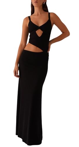 Image of NUFIWI Women Bodycon Spaghetti Strap Cutout Maxi Dress Hollow Sexy Fitted Dresses Sleeveless Stretch Slip Long Dress