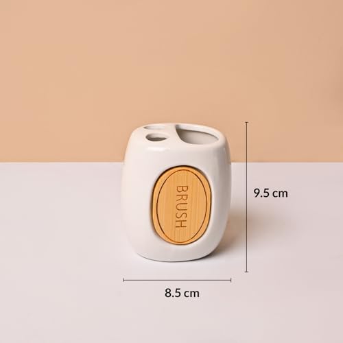 Image of Market99 Ceramic Bathroom Set Glossy White with Sophisticated Classic Text Pattern, Includes Soap Dispenser, Tumbler, Toothbrush Holder, and Soap Dish for Coordinated Bathroom Style, 400 ML Capacity