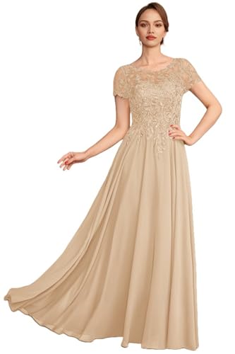 Lace Applique Mother of The Bride Dresses for Women Sparkly Sequin Maxi Formal Dress Short Sleeve Wedding Guest Dresses