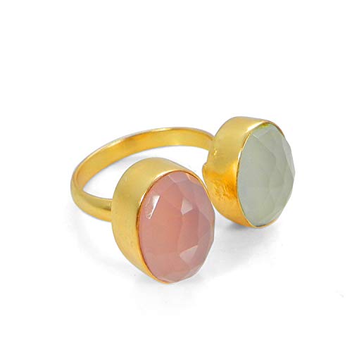 Shilpi Impex Rose Chalcedony Ring, Aqua Chalcedony Ring, Pink Stone Ring, Blue Stone Ring, Gold Plated Ring, Brass Ring, Boho Jewelry, Genuine Stone Ring, Valentine's Day Gift Ring (10.75)