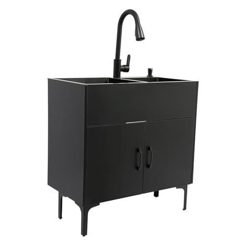 Fregadero doble independiente con grifo extensible y dispensador de jabón, acero inoxidable 201, 2 cuencos, 75 × 41 cm, silencioso y resistente a los arañazos, con armario y escurridor, para cocina