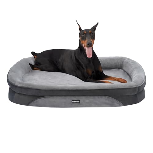 HMTOPE Orthopädisches Hundebett, Hundesofa, Vierseitiges Nackenrolle Kissen, rutschfeste Unterseite Hundekorb, Abnehmbar und Waschbar, Grosse Hunde, 122 x 90 x 19 cm, Hellgrau