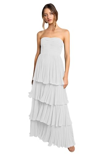 Image of Modest Strapless Tiered Prom Dress for Teens 2026 Elegant Ruffle Chiffon Flowy Puffy Long Evening Dresses