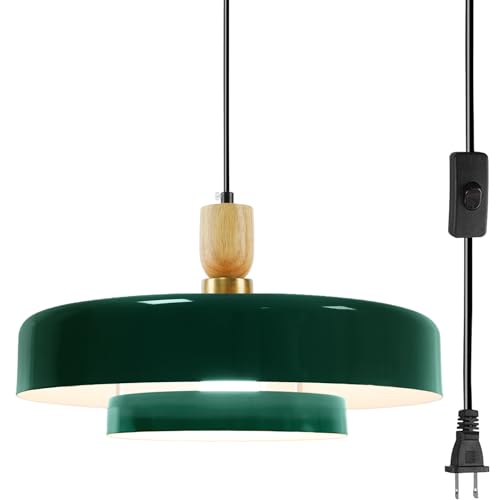 Qepeety Green Plug-in Swag Pendant Light, 13.8 Inch Scandinavian Wood