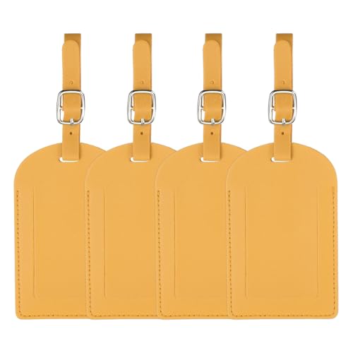 Image of PATIKIL 4Pcs Luggage Tags, Colored Luggage Labels PU Leather Suitcase Tag with Stainless Steel Loop Privacy Cover Name ID Address Card for Baggage Leather Bag Backpacks Handbag, Yellow