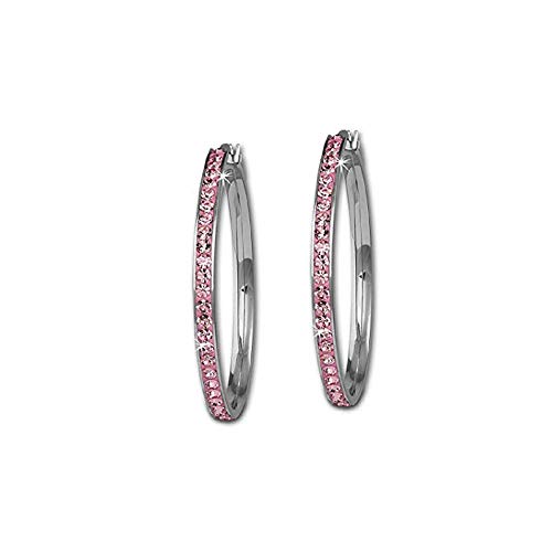 Eleganze Silver Plated Women Hoop Earrings Bridal Wedding Black White Pink Crystal Rhinestone Earrings (Pink 55MM)
