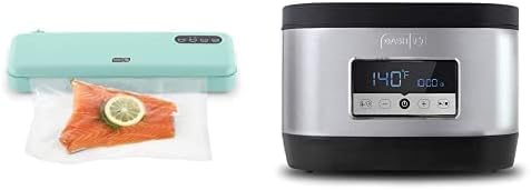 Bundle of DASH SuperSeal™ Vacuum Sealer for Food Storage and Sous Vide, Bags and Cutter Included - Aqua + Dash Stainless Steel Sous Vide, Temperature Control with Timer, 8.5Qt