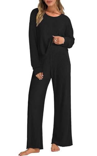 Yutdeng Conjunto 2 Piezas Mujer Ropa Casa Pantalon y Jersey Manga Larga Pierna Ancha Cintura Alta Casual Traje Mujer Elegante Dos Piezas Conjunto Yoga Chandal Pijama Invierno Otoño,Negro,L