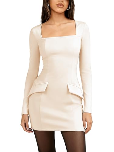 Simplee Womens Long Sleeve Mini Dresses Square Neck Casual Bodycon Party Club Formal Blazer Holiday Fall Short Dress(Apricot,Medium)
