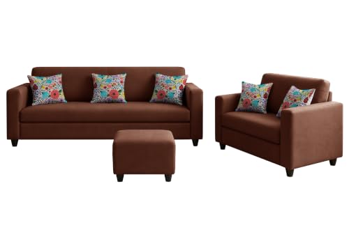 Image of Rosebell 3+2 Fabric Sofa Set with Ottoman | Premium Upholstery 5-Seater Sofa | with Printed Cushions | Living Room Furniture |Brown-Color
