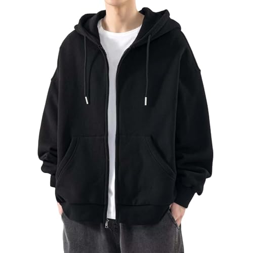 Mens Zip Up Hoodie Solid Plus Size Fall Hooded Sweatshirt Casual Drawstring Long Sleeve Basic Hoodies with Pocket