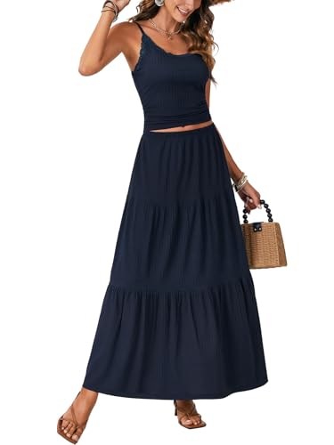 Vrtige Women's 2 Piece Outfits Spaghetti Strap Cami Crop Top and A Line Maxi Skirt Set4