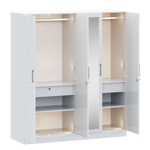 Image of Wakefit Wardrobe for Bedroom | 3 Yr Warranty | Cupboard for Bedroom, Almirah, Wooden Wardrobe, Comes with LED light, Storage Drawer, Mirror & Hanger, Density:680-750kg /m, Free Installation(Tyrian-FW)