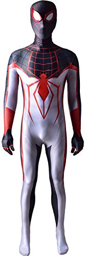 Spiderman Kostüm Miles Morales weiß Spider Cosplay Superheld ps5 Spiel Kostüm Cosplay Zentai Jumpsuit Kleid Anzug Superheld Onesies-Kids XL