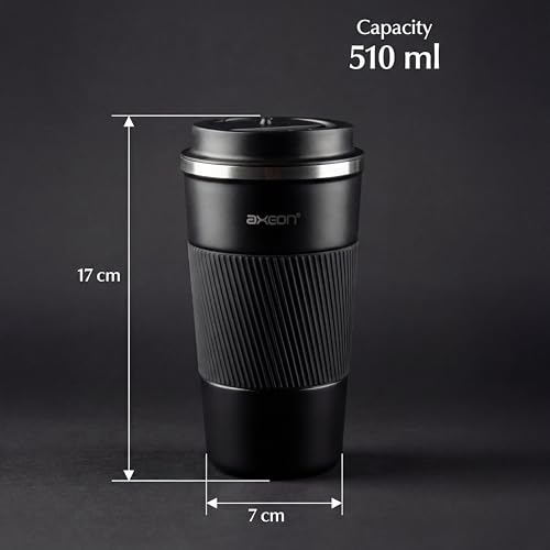 Image of AXEON Stainless Steel Travel Coffee Mug - 510ml | Leakproof Tumbler with Flip-Top Lid | Portable Coffee Cup with Non-Slip Grip & Anti-Skid Base | Travel Mug for Office, Car, Meditation & Home