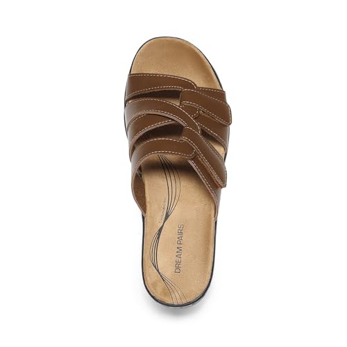 DREAM PAIRS DREAM PAIRS Women Arch Support Slide Sandals Adjustable Straps Slip On Wedge Sandals Casual Comfort Lightweight Flat Slides,Size 7,Brown,DWUMSS2530
