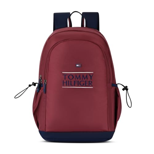 Image of Tommy Hilfiger Student School Bag & University Backpack Coral - Burgundy+Navy | Durable Water-Resistant Polyester with Premium Embroidery | Multi-Utility Organiser & Rain Cover | 33L Capacity