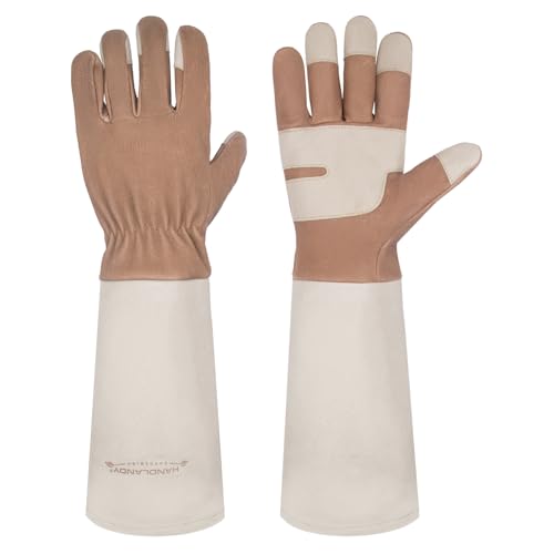 Image of HANDLANDY Rose Pruning Gloves for Men Women, Thorn Proof Gardening Gloves | Long Leather Gardening Gloves, Breathable Leather Gauntlet, Best Garden Gifts & Tools for Gardener (Warm Brown, S)