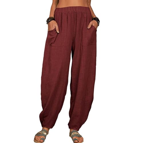 Women's Cotton Tapered Trousers Drawstring Elastic Stretch Solid Pants Casual Summer Comfy Long Pants with Pockets2