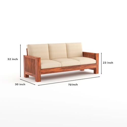 Image of Solid Sheesham Wood Dhara 5 Seater Sofa Set | Wooden 3+1+1 Seating Sofa Set for Living Room, Guest Room, Office, Home Furniture with Cushions (Honey Finish)