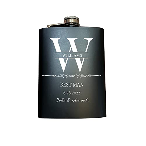 8oz Personalized Groomsmen Flask, Groomsmen Gifts For Wedding, Custom Engraved 304 Stainless Steel Hip Flask for Best Man Groom Father of Bride, Black