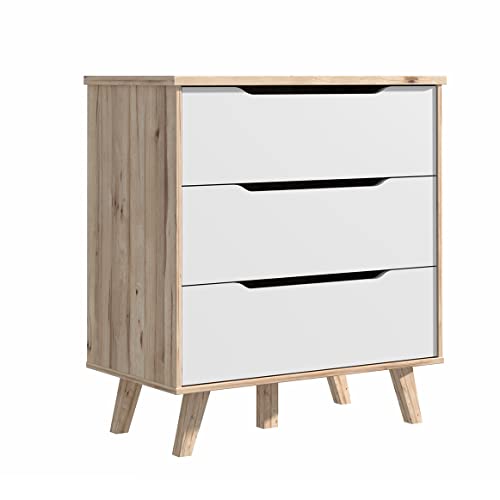 Meubletmoi Commode 3 tiroirs de Rangement décor chêne Naturel et Blanc Mat Pieds Bois Massif inclinés - ALBANE